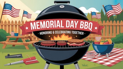 Aufkleber - Memorial Day backyard BBQ with a grill, American flags, and picnic table banner for website header created with generative ai