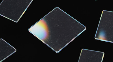 Poster - Arrangement of transparent square tiles with iridescent edges on a dark background surface