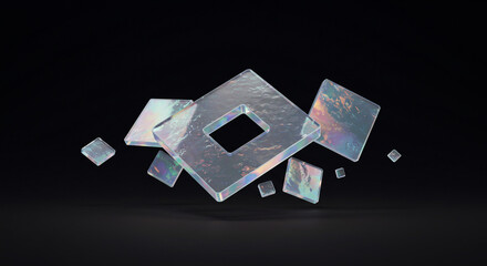 Poster - Floating iridescent translucent square shapes against a dark black studio background scene design