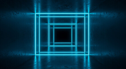 Poster - A series of glowing blue square frames receding into the distance on a reflective surface