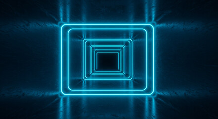 Poster - Neon blue square tunnel with perspective effect and dark background creating a futuristic ambiance