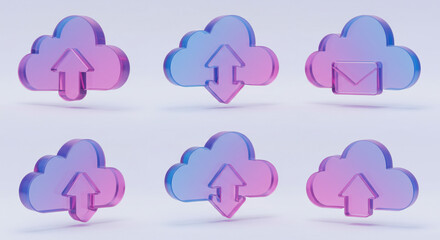 Poster - Six cloud icons in shades of pink and blue representing upload download and email services on white background