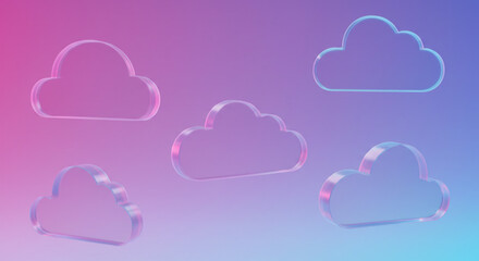 Poster - Floating translucent cloud shapes on a vibrant gradient background with a dreamy aesthetic