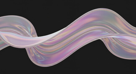 Poster - Iridescent ribbon floating against a dark background with smooth curves and subtle color gradients