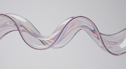 Poster - A transparent ribbon with iridescent colors flowing in a wave pattern against a light gray background