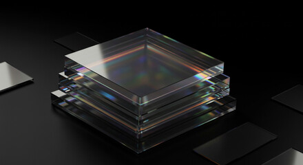 Poster - Stack of translucent square blocks with iridescent reflections on a dark surface with metal squares