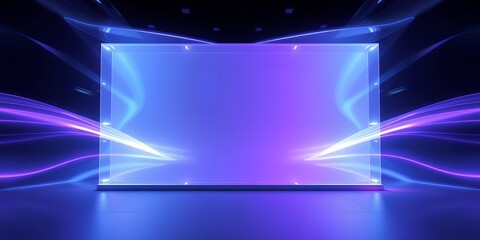 Poster - A glowing rectangle frame with purple and blue light streaks on a dark background scene