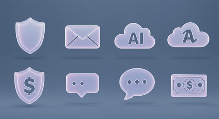 Poster - Frosted glass icons of shield, mail, ai cloud, money, and chat on a blue gray background
