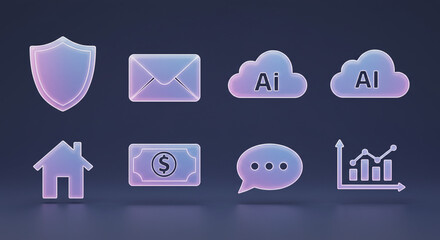 Poster - Graphic representation of digital icons including ai clouds and a dollar bill on a dark background