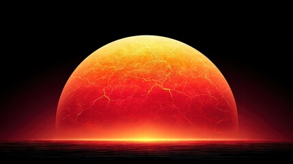 Wall Mural - a vivid orange-yellow orb against a black backdrop, surrounded by water and a moody sky