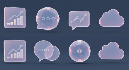 Poster - A collection of translucent icons including charts, speech bubbles, and clouds on a dark background