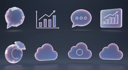 Poster - Collection of translucent icons including chat bubbles charts and clouds on a dark background