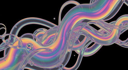 Poster - Iridescent tubes intertwining against a black background with small bubbles scattered around them