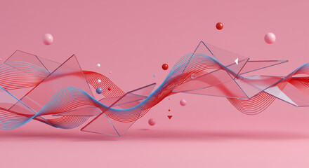 Poster - Abstract pink background with geometric shapes and wavy lines creating a modern design
