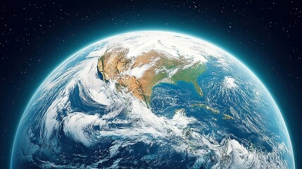 Wall Mural - the image shows earth from space, featuring sunlight reflecting off the horizon while the ocean is p