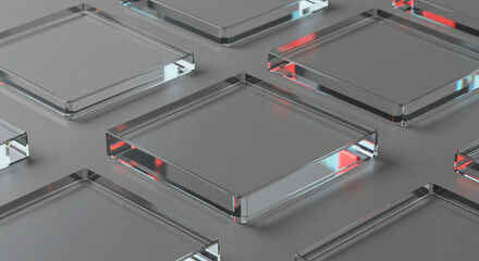 Poster - Close up of an arrangement of clear square tiles on a gray surface reflecting red light