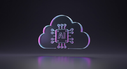 Poster - A glowing cloud shape with ai chip in the center on a dark background with purple reflection below it