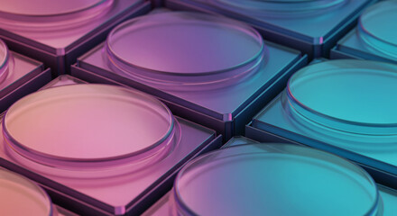Poster - Close up of petri dishes illuminated with pink and blue light on a square metal surface