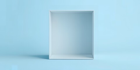 Poster - A minimalistic photo of a white empty box against a light blue background in studio light