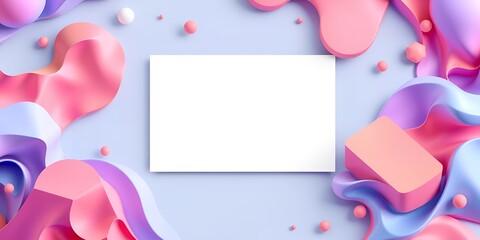 Poster - A blank white rectangle surrounded by pastel colored shapes and spheres on light blue background