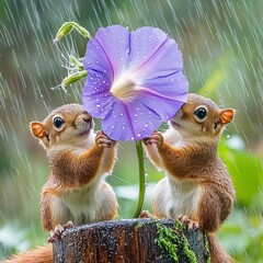 Wall Mural -   A pair of squirrels perched atop a tree trunk, surrounded by a vibrant purple bloom in the photograph
