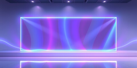 Poster - Illuminated stage with neon rectangle and lights, purple and blue abstract background design