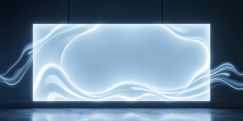 Poster - A glowing rectangular frame with wavy patterns on a dark background with smooth reflections