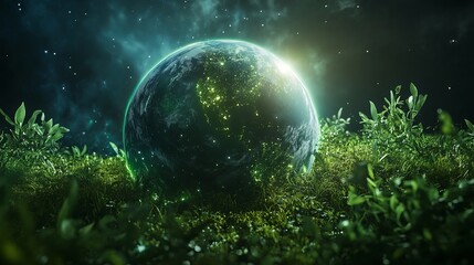 Wall Mural - Vibrant green earth globe resting on lush grass peaceful night sky dark view hope stars world space