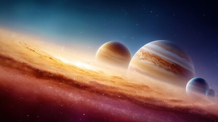 Wall Mural - an image depicting a solar system consisting of three foreground planets and a background star