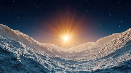 Wall Mural - bright sun illuminates mountain range in middle of water body with wave background