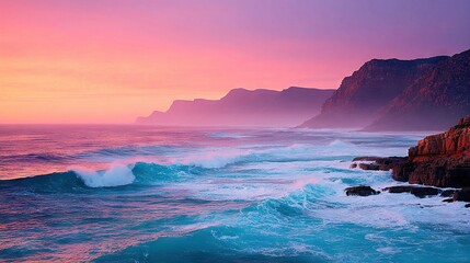 Wall Mural - a vast expanse of water with breaking waves reaching the shoreline, while a majestic mountain looms 