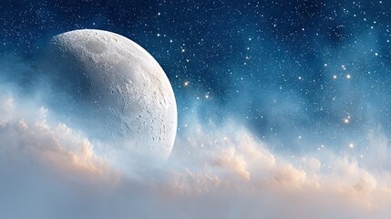 Wall Mural - a clear blue sky, adorned with white clouds and distant stars, stretches far and wide at the center 