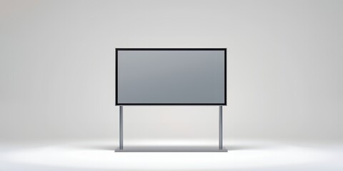 Poster - A gray rectangular screen with a black frame standing on a gray stand in a white room