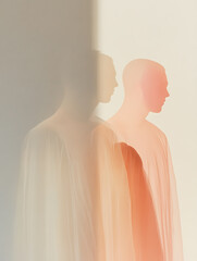 Aufkleber - Abstract ethereal figures in shades of peach and white, side profiles illuminated by soft light, creating a dreamy and contemplative atmosphere.
