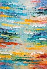 Poster - Swirling strokes of blue, orange, and yellow dance across the canvas, evoking the peaceful yet dynamic essence of ocean waves at dusk, inviting contemplation and inspiration Generative AI