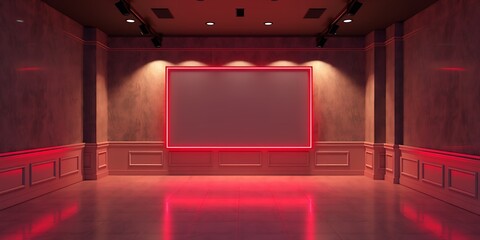 Poster - Interior view of a room with a blank screen surrounded by red neon lighting effect glow