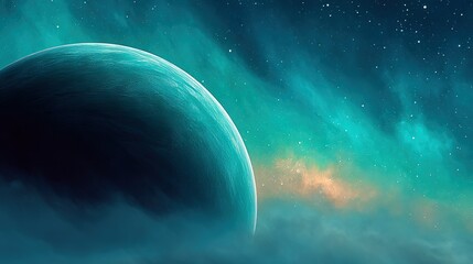 Wall Mural - an artist's depiction of a celestial body with a vivid green and azure star in the backdrop