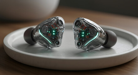 Poster - Futuristic transparent wireless earbuds resting on modern plate