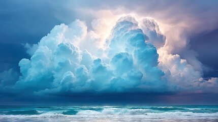 Wall Mural - a large cloud over water with a surfboard and waves