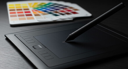 Leinwandbilder - Graphic designer working with drawing tablet and color palette