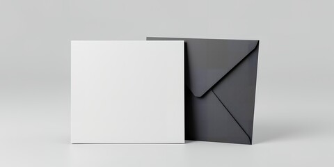 Poster - A square white card standing next to a dark gray envelope on a light gray background space