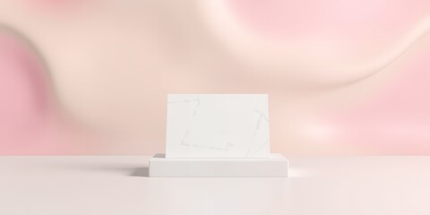 Poster - White rectangular block on a platform against a pink and cream colored wavy background