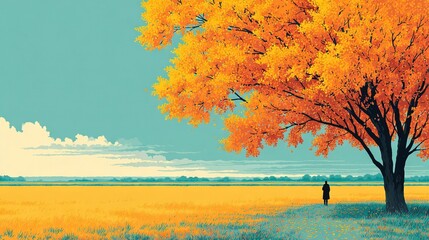 Wall Mural - a person standing in a field with a yellow-leafed tree and blue sky in the background