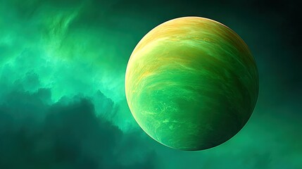 Wall Mural - green and yellow planet in sky with green and yellow clouds