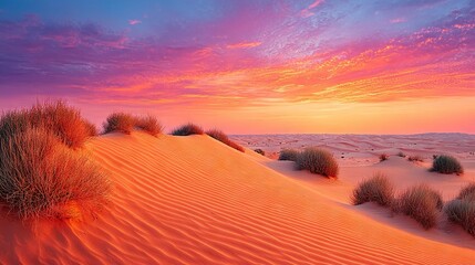 Wall Mural - sand dunes and bushes in foreground; pink, purple sky in background