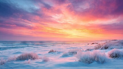 Wall Mural - the sun is setting over the snow-covered grass in the foreground while casting a golden glow on the 