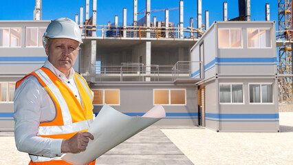 Poster - man construction engineer. working designer of industrial buildings. architect near modular house un
