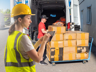 Poster - woman manager courier company. couriers load box into car. girl manager logistics office. supervisor
