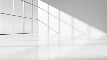 Poster - Spacious, bright room with panoramic windows. Empty office interior. Room with white walls and tiles on floor. Sun rays illuminate buildings through windows. Empty office interior. 3d image