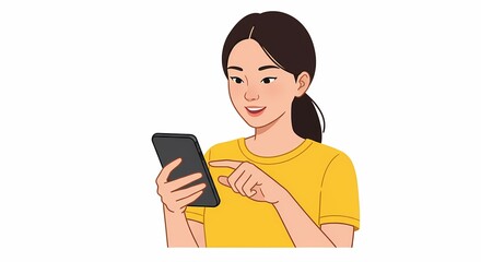 Poster - Animated illustration of a young woman engaging with her smartphone, set against a pristine white background, conveying modern connectivity and digital interaction